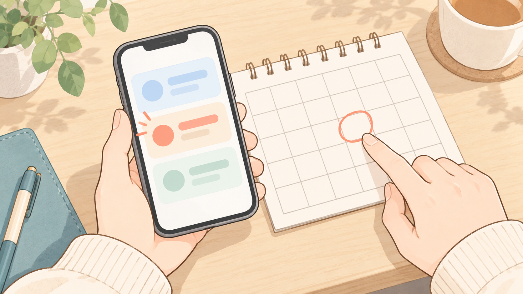 スマートフォンで景品の応募結果を確認し、カレンダーで手続きの期限を確かめる手元