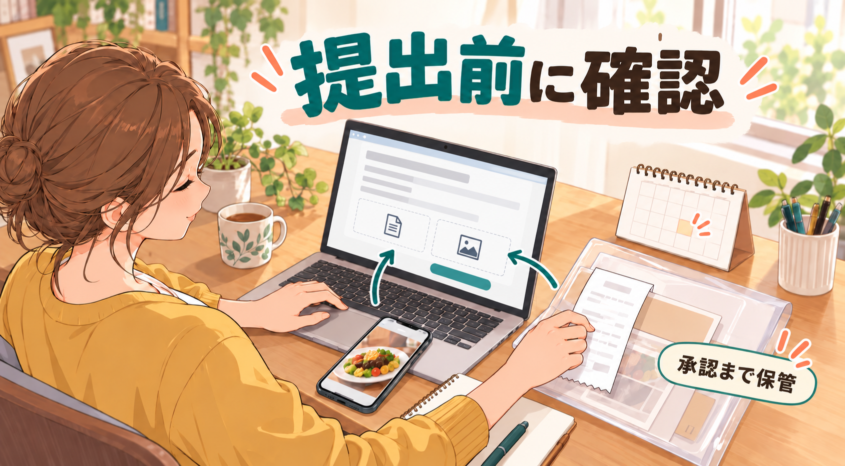 提出前に回答と写真とレシートを確認し承認まで保管する場面