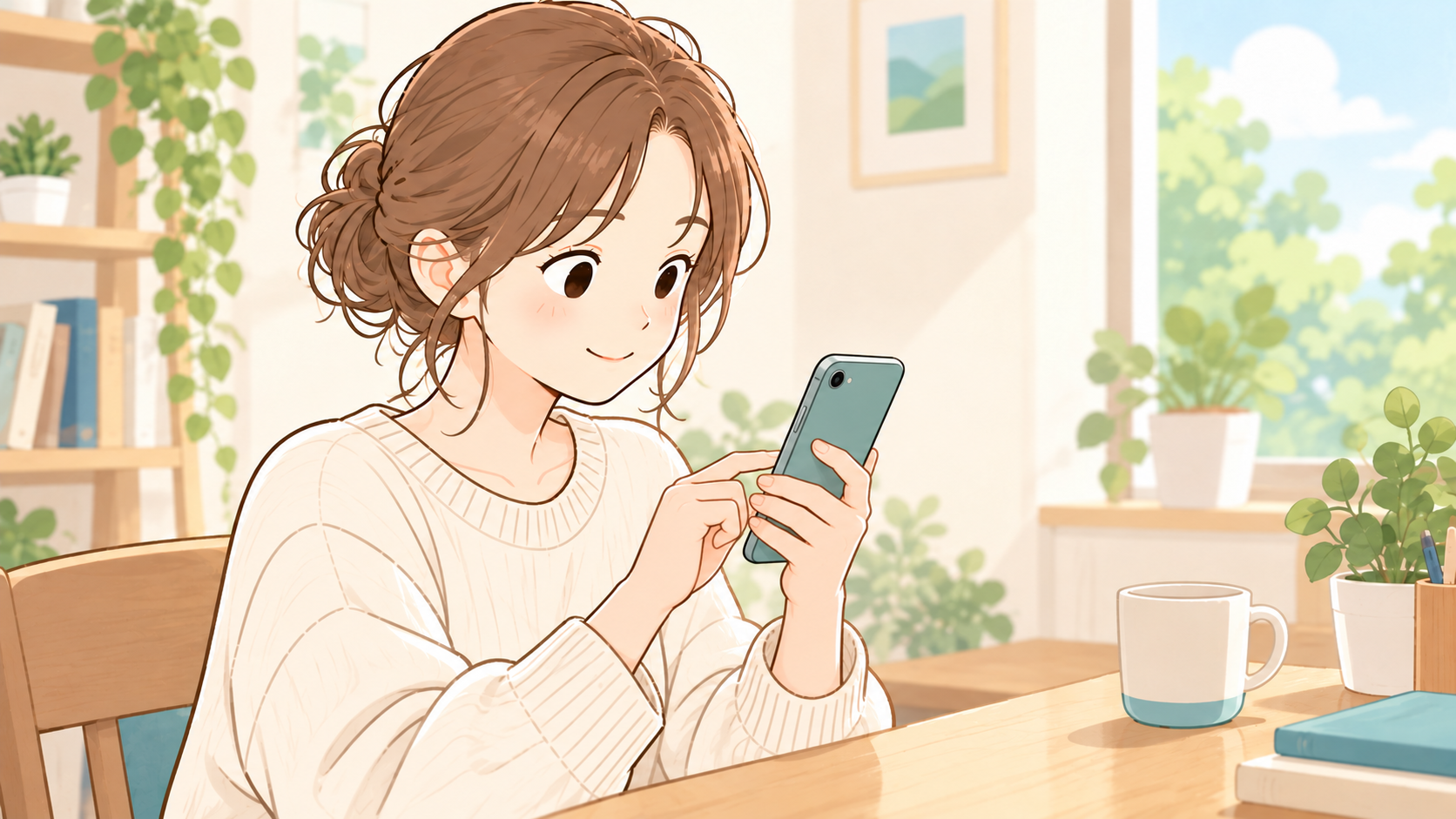 スマートフォンの画面を見ながらゲームを操作する女性