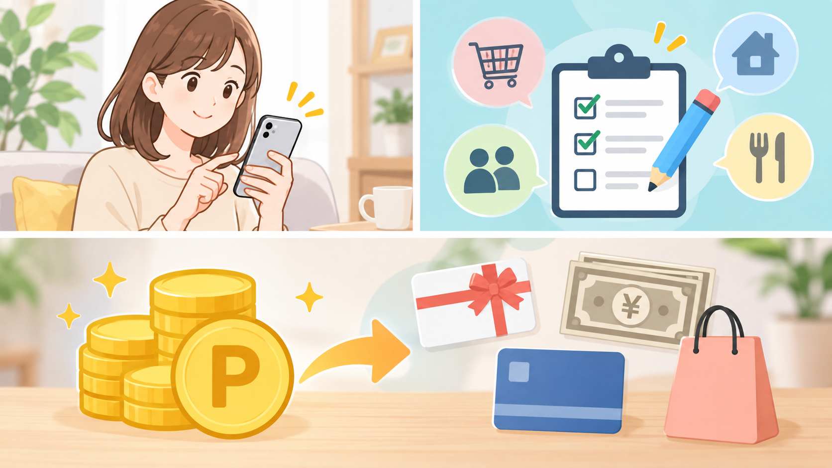 スマホでアンケートに回答し、ポイントをギフト券や現金などへ交換するイメージ