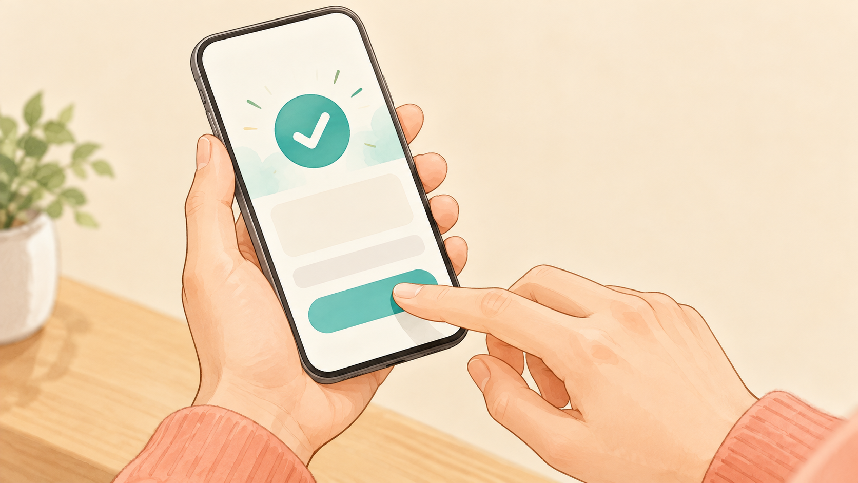 スマートフォンで達成したミッションのポイント受取を確認する手元