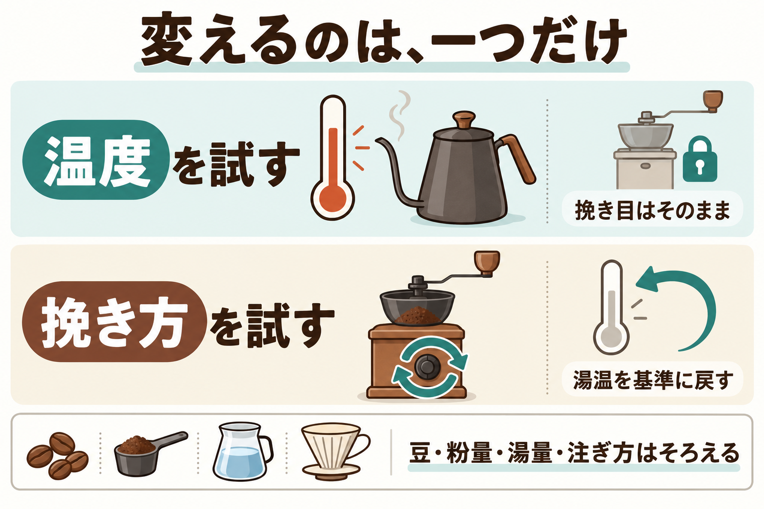 湯温を試すときは挽き目を固定し、挽き方を試すときは湯温を基準に戻す方法