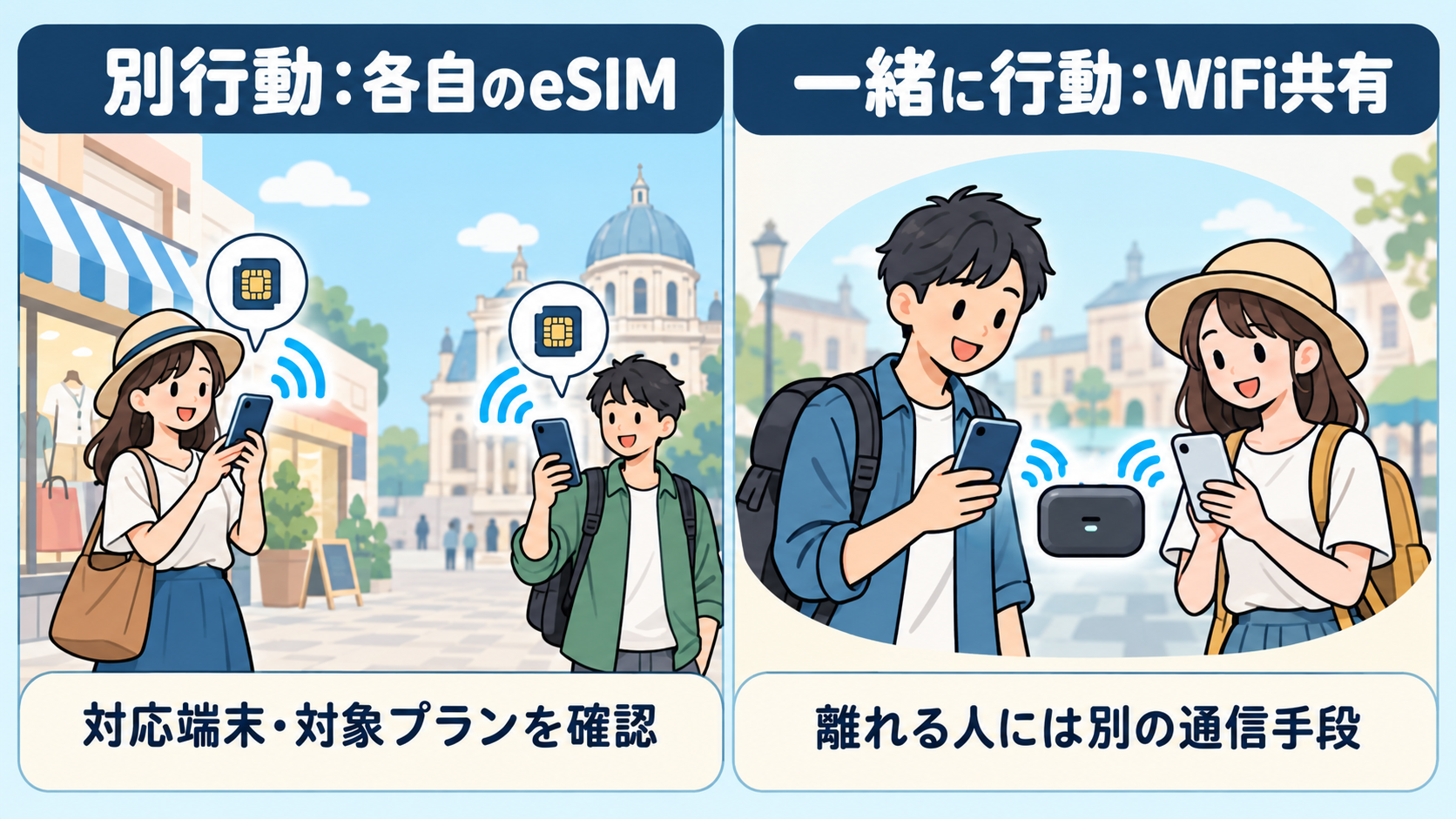 別行動中に各自のeSIMで通信する場面と、一緒に行動してWiFiを共有する場面