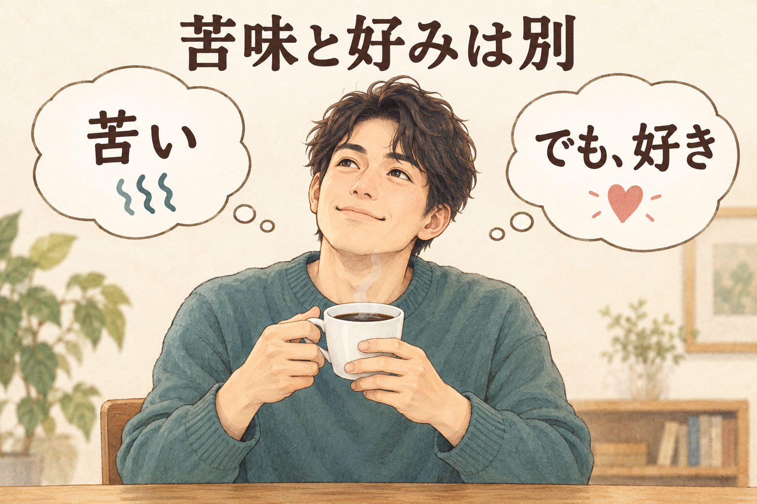 苦味を感じながらもコーヒーを楽しむ男性。苦味の強さと好き嫌いは別であることを示すイラスト