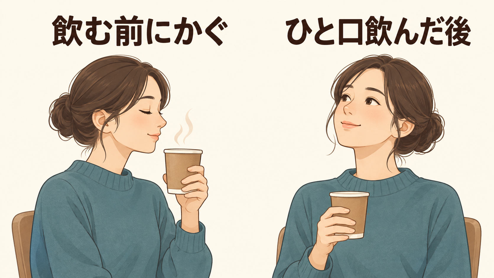 飲む前にコーヒーの香りをかぐ女性と、ひと口飲んだ後の香りを楽しむ女性