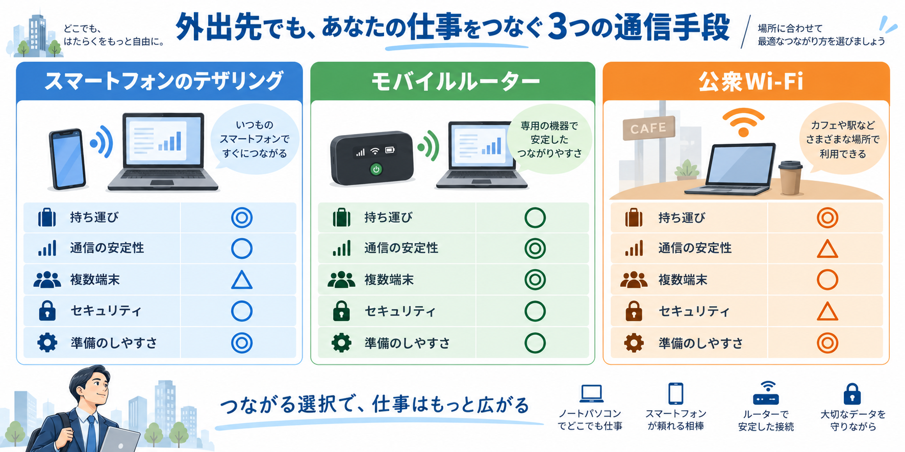 テザリングとモバイルルーター、公衆Wi-Fiの比較