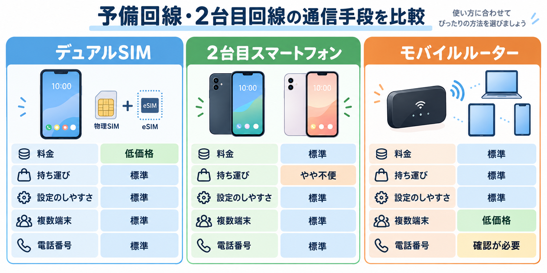 予備回線と2台目回線の比較