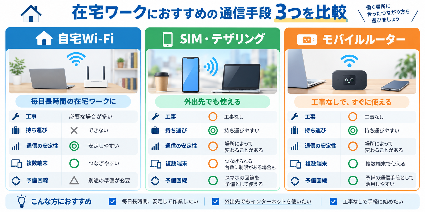 自宅Wi-FiとSIM・テザリング・モバイルルーターの比較
