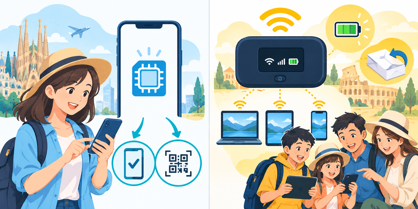 海外eSIMの対応端末と設定、レンタルWiFiの充電と返却を確認するイメージ