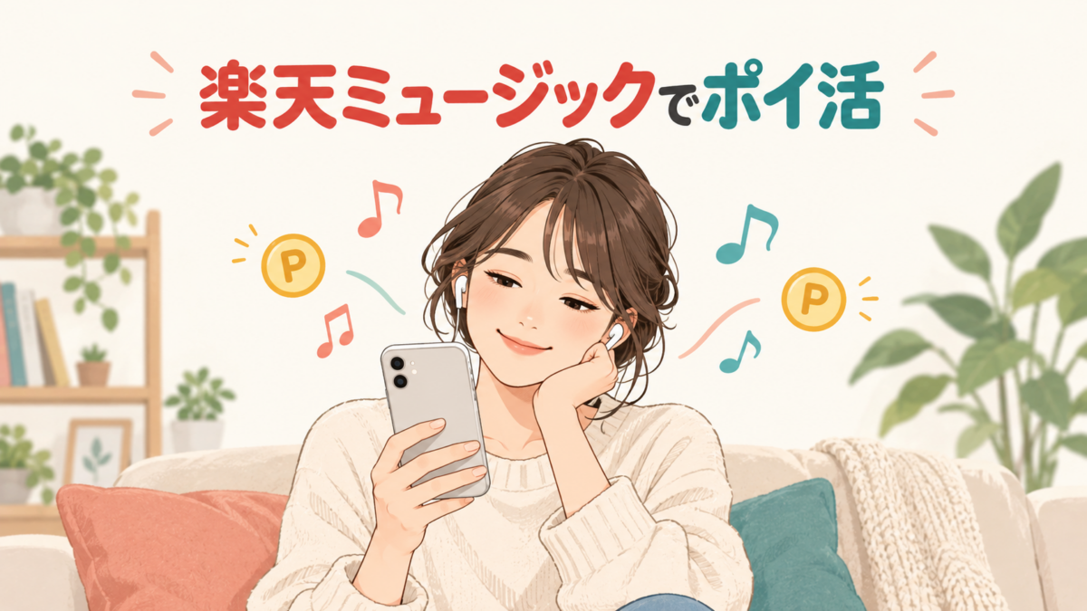 イヤホンで音楽を楽しむ女性と、音符やポイントのモチーフを描いた楽天ミュージックのポイ活イメージ