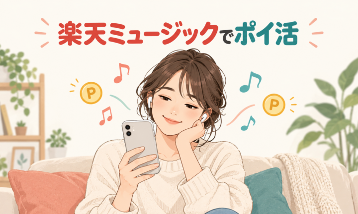 イヤホンで音楽を楽しむ女性と、音符やポイントのモチーフを描いた楽天ミュージックのポイ活イメージ