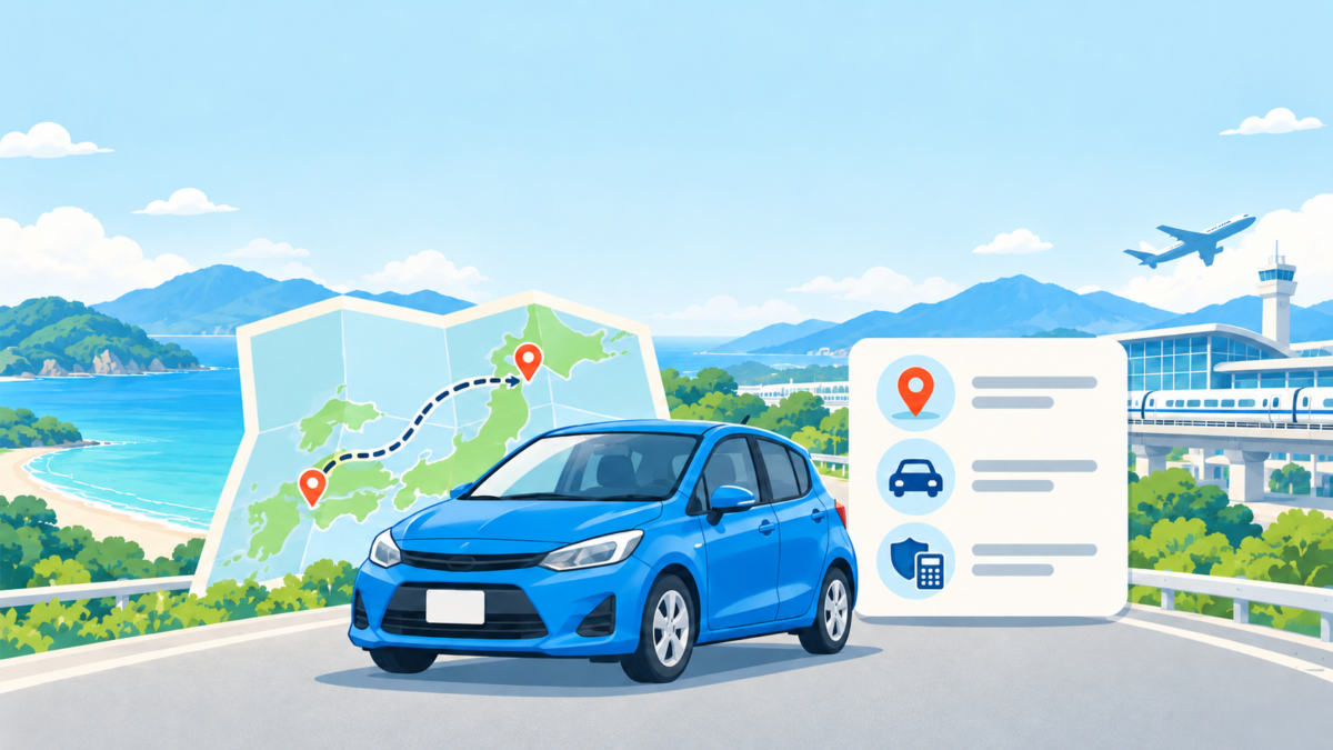 青いレンタカーと旅行ルートの地図、場所・車両・補償の比較を表すイラスト