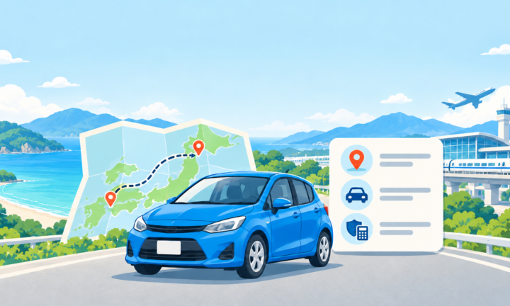 青いレンタカーと旅行ルートの地図、場所・車両・補償の比較を表すイラスト