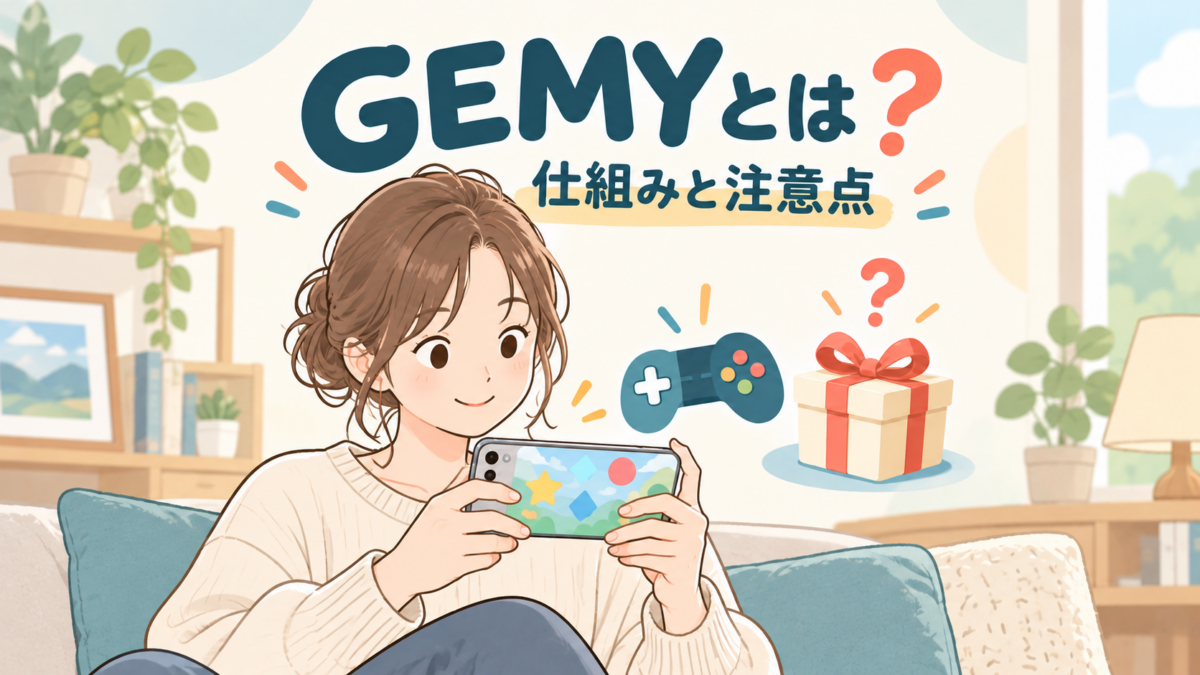 スマートフォンでゲームを楽しむ女性と、景品抽選を表すギフト箱を描いたGEMYの紹介画像