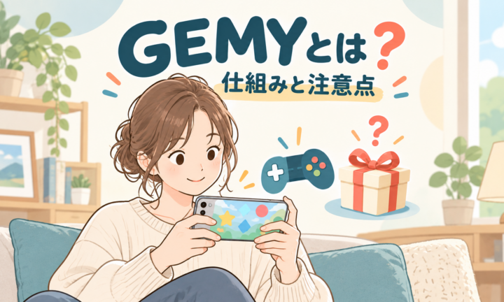 スマートフォンでゲームを楽しむ女性と、景品抽選を表すギフト箱を描いたGEMYの紹介画像