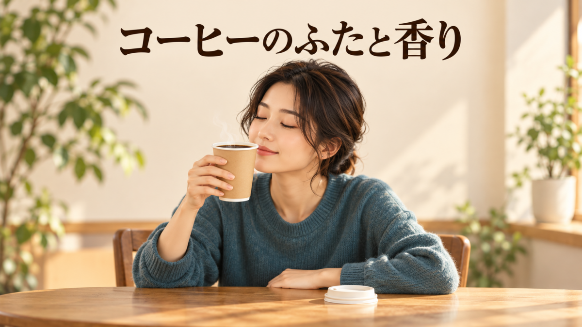 テイクアウトコーヒーのふたの有無と香りの楽しみ方を表すイラスト