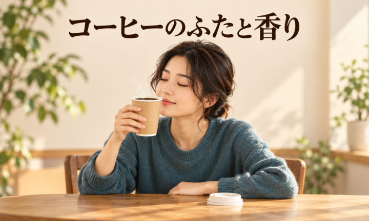 テイクアウトコーヒーのふたの有無と香りの楽しみ方を表すイラスト