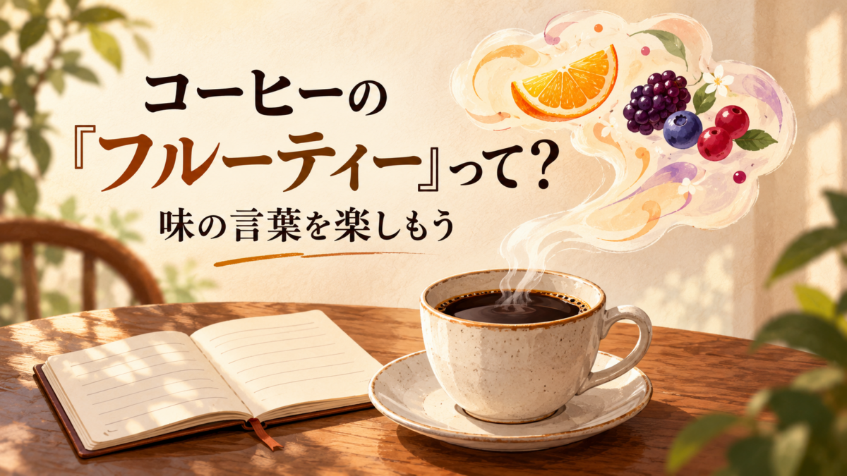 コーヒーのフルーティーな風味を果物の香りに例え、味の言葉を楽しむイメージ