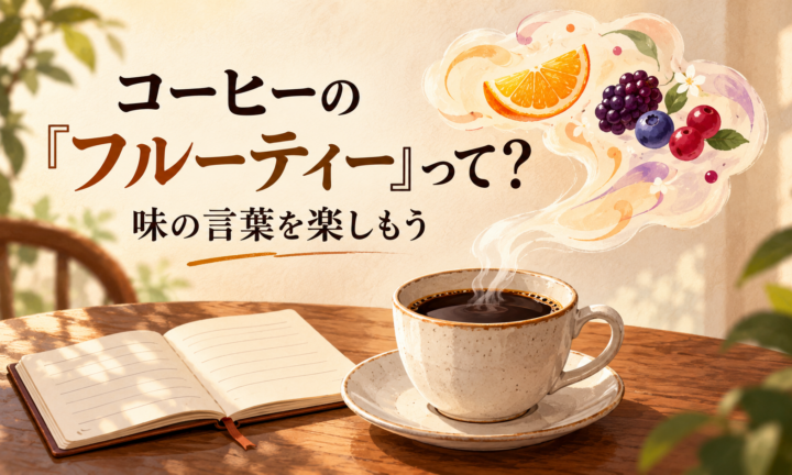 コーヒーのフルーティーな風味を果物の香りに例え、味の言葉を楽しむイメージ