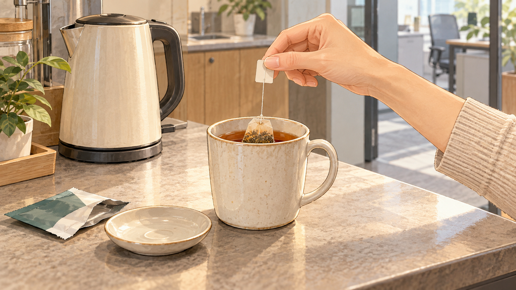 職場でティーバッグをカップに浸して紅茶を淹れる手元
