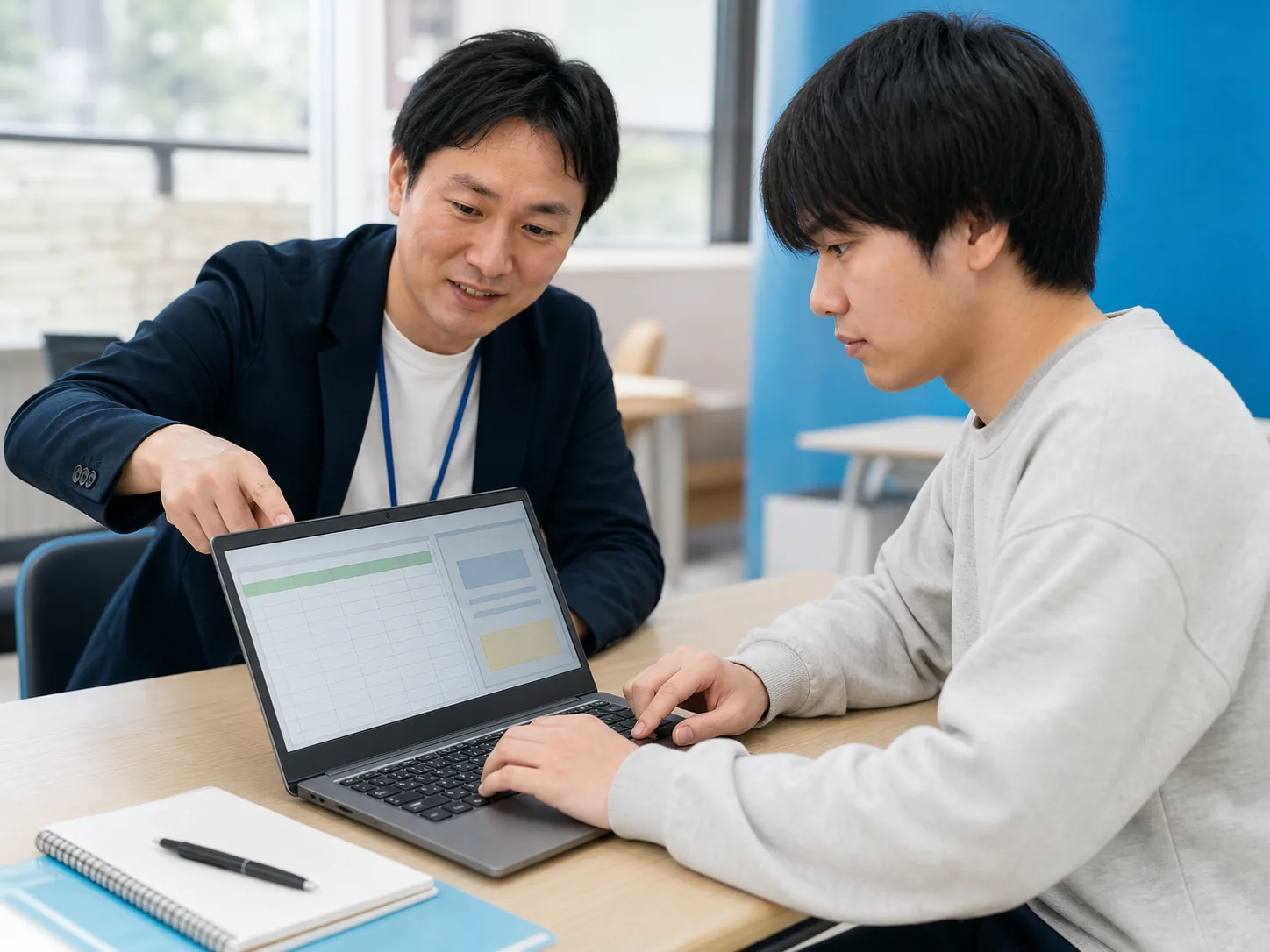 スタッフと一緒にパソコン学習を進めるスグJOBアカデミーの利用イメージ