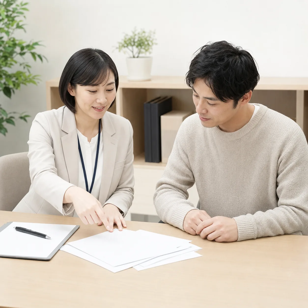 受給者証の申請書類をスタッフと確認する様子（イメージ）