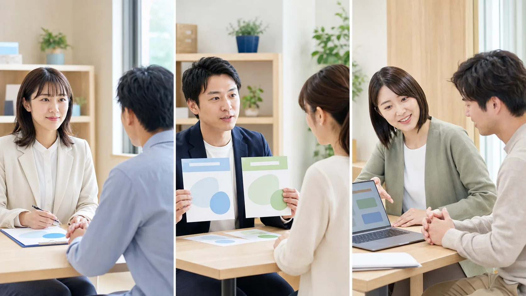 スタッフが面談、資料を使った説明、パソコンを見ながらの相談に対応する3つの場面イメージ