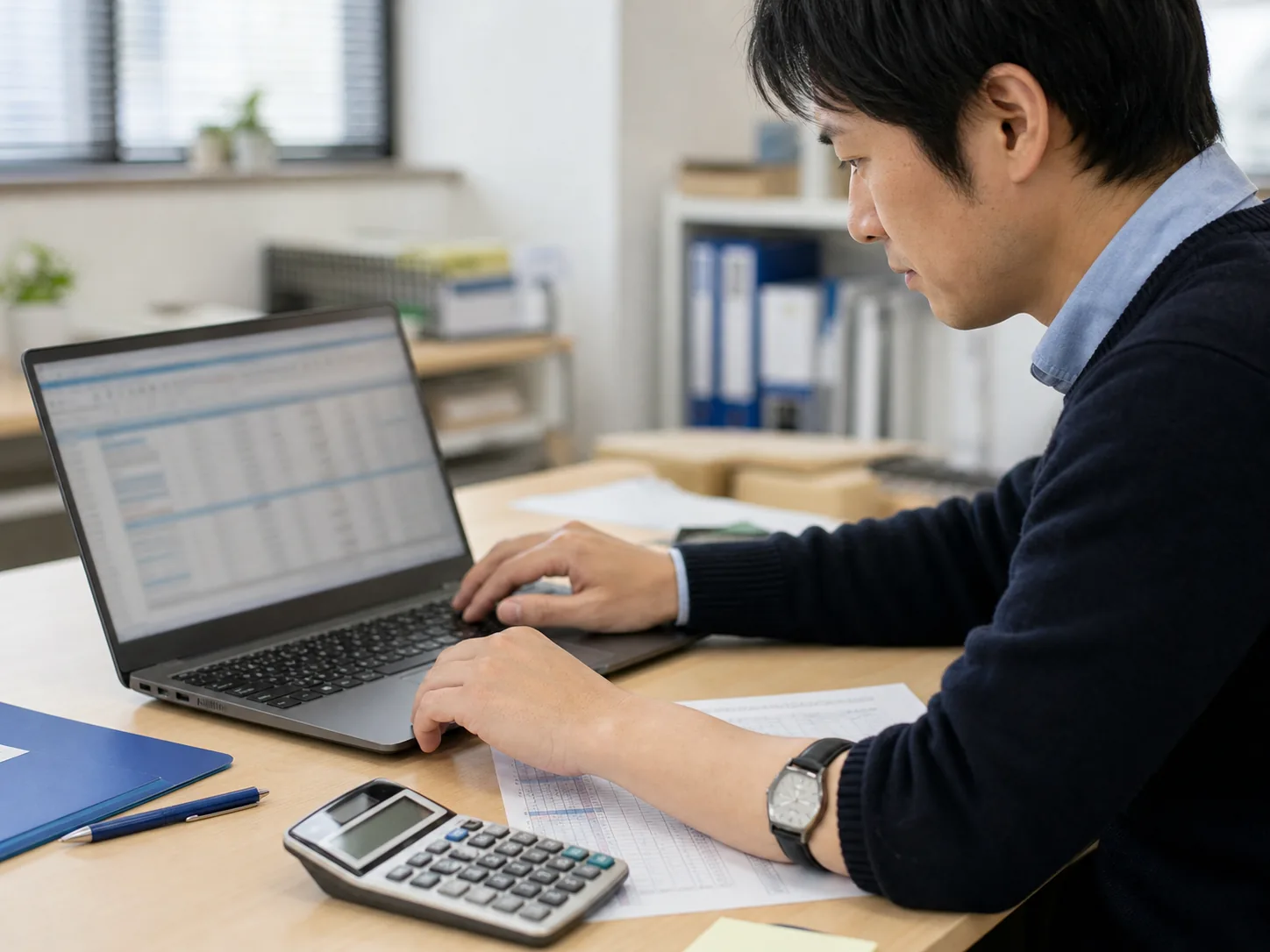 表計算ソフトを開いたパソコンで事務作業に取り組む様子