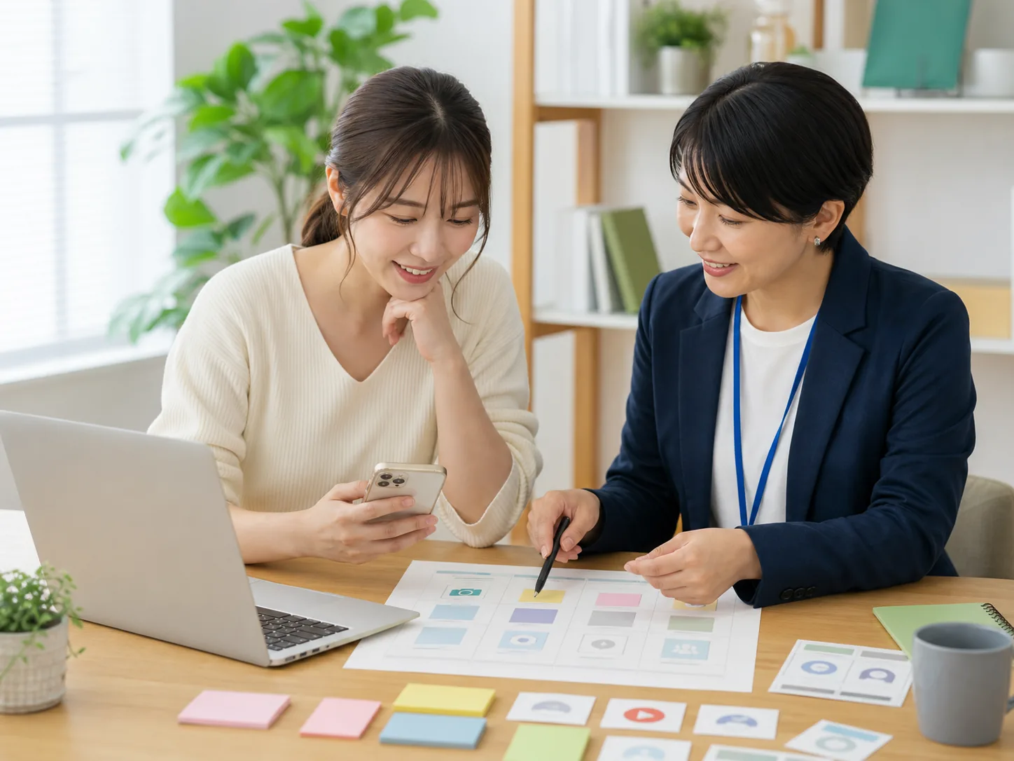 パソコンとスマートフォンを使ってSNS投稿を企画・運用する様子