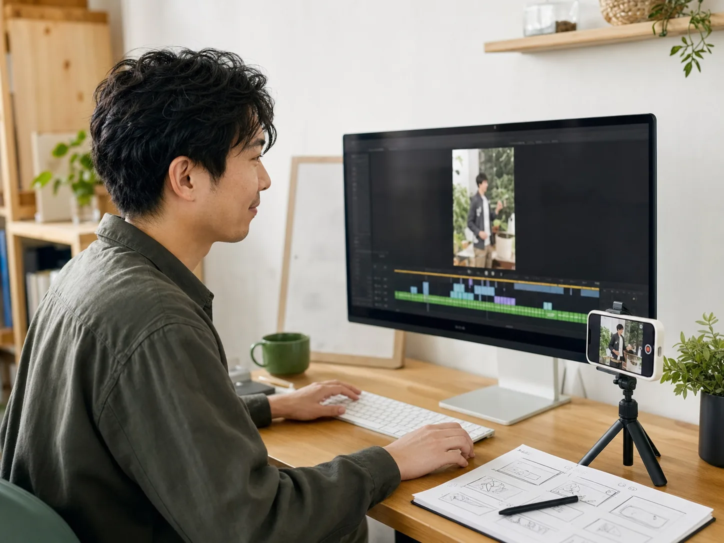 パソコンで動画のカットや音声を編集する様子